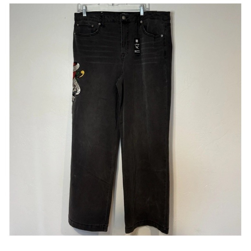 Ed Hardy Love Kills Slowly Black Jeans 34X32 Wide Leg Embroidery WEHD8300-1 NWT - Picture 2 of 9